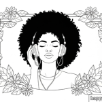 Color page black woman with headphone with afro