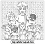 Coloring page for jesus with children