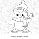 Coloring pages penguins, polar bears, kids skating