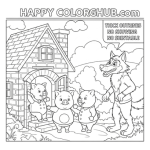 Free coloring page of the big bad wolf and the 3 pigs