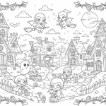 Halloween village coloring page