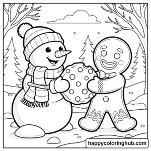 Snowman and gingerbread man coloring pages