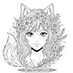 Anime girl dat is half wolf coloring page black and white