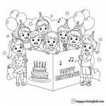 Coloring page of a happy birthday card