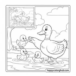 Cute duck and ducklings coloring sheet
