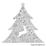 Reindeer and christmas tree coloring book page