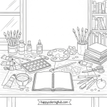 Simple desk setup coloring page for work stress