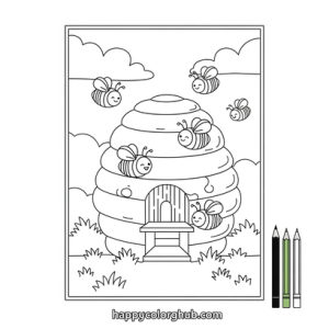 Beehive and bees farm coloring page