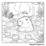 Black background capybaras coloring page for adults