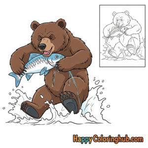 Brown bear catching fish coloring sheet