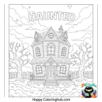 Detailed pop art haunted houses coloring page