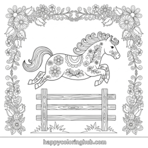 Horse jumping fence coloring sheet