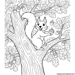 Squirrel collecting acorns coloring sheet