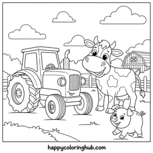Tractor and farm animals coloring sheet