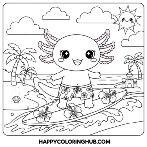 Axolotls surfing coloring page for kids