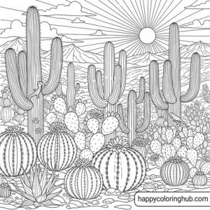 Black background cactuses coloring pages