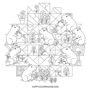 Capybaras gardening coloring page for women