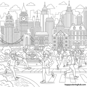 Cities running coloring page for seniors