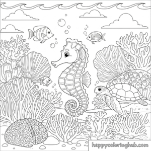 Coral reefs party coloring page for stress relief