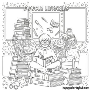 Doodle libraries coloring page for teens