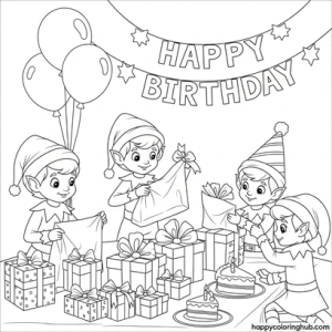 Elves birthday coloring page for seniors