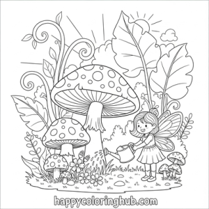 Fairies gardening coloring page for kids