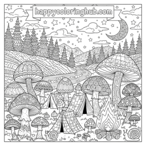 Fungi camping coloring page for men