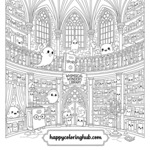 Gothic libraries coloring page for relaxation