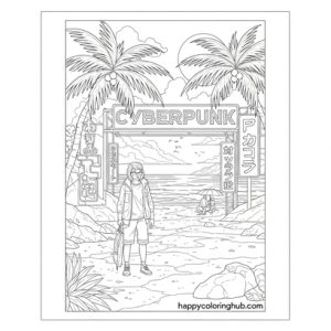 Relaxing cyberpunk beaches coloring page