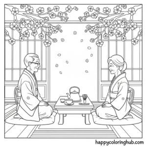 Tea time spring coloring page for seniors