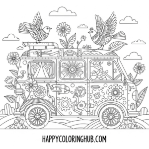 Beautiful steampunk van life coloring page