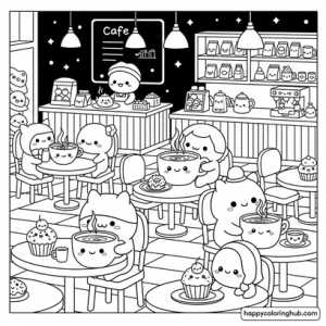 Black background cafes coloring page for adults