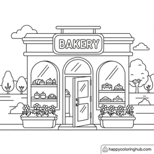 Bold and easy bakery shop coloring page