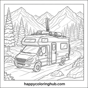 Camper vans winter coloring page for relaxation