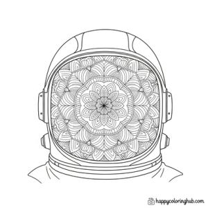 Complex black background astronauts coloring page