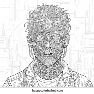 Complex cyberpunk zombies coloring page