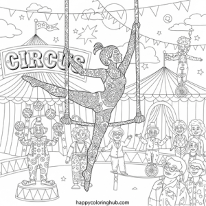 Complex retro 90s circus coloring page