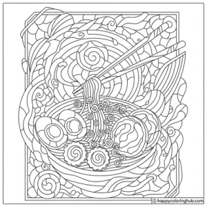 Complex stained glass ramen coloring page