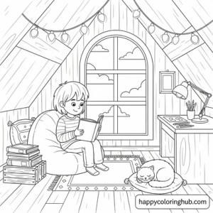 Cozy attic coloring page
