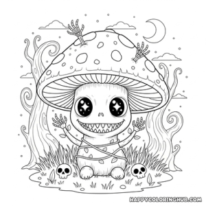 Creepy kawaii fungi coloring page for stress relief