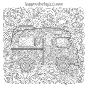 Cute psychedelic camper vans coloring page