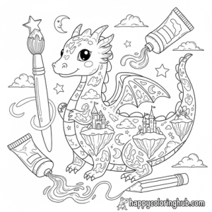 Cute surreal dragons coloring page