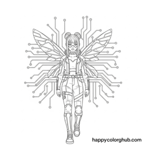 Cyberpunk fairies coloring page for relaxation