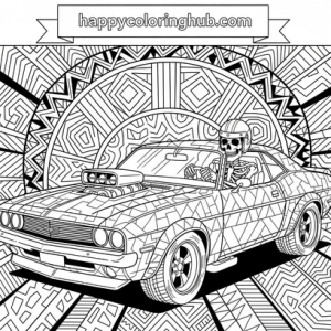 Dark fantasy muscle cars coloring page for adults