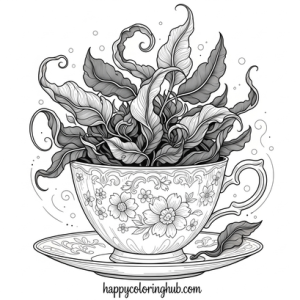 Dark fantasy tea time coloring page for relaxation