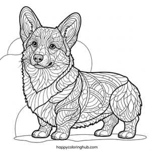 Detailed stained glass corgis coloring page
