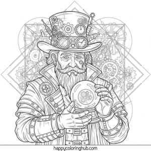 Detailed steampunk wizards coloring page