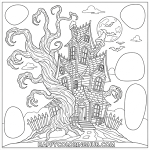 Easy tattoo style haunted houses coloring page