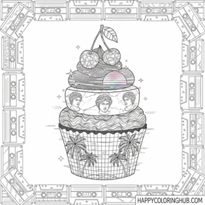 Easy vaporwave cupcakes coloring page
