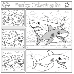 Funny pixel art sharks coloring page